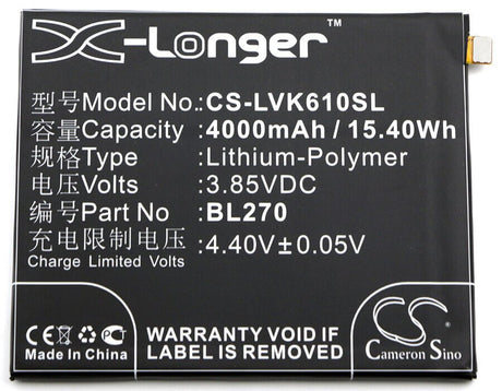 3.85V, Li-Polymer, 4000mAh, SmartPhone battery fits Motorola, Lenovo, Bl270, K6 Note (2016), Vibe K6 Plus, 15.4Wh Mobile, SmartPhone Cameron Sino Technology Limited (Smartphone)