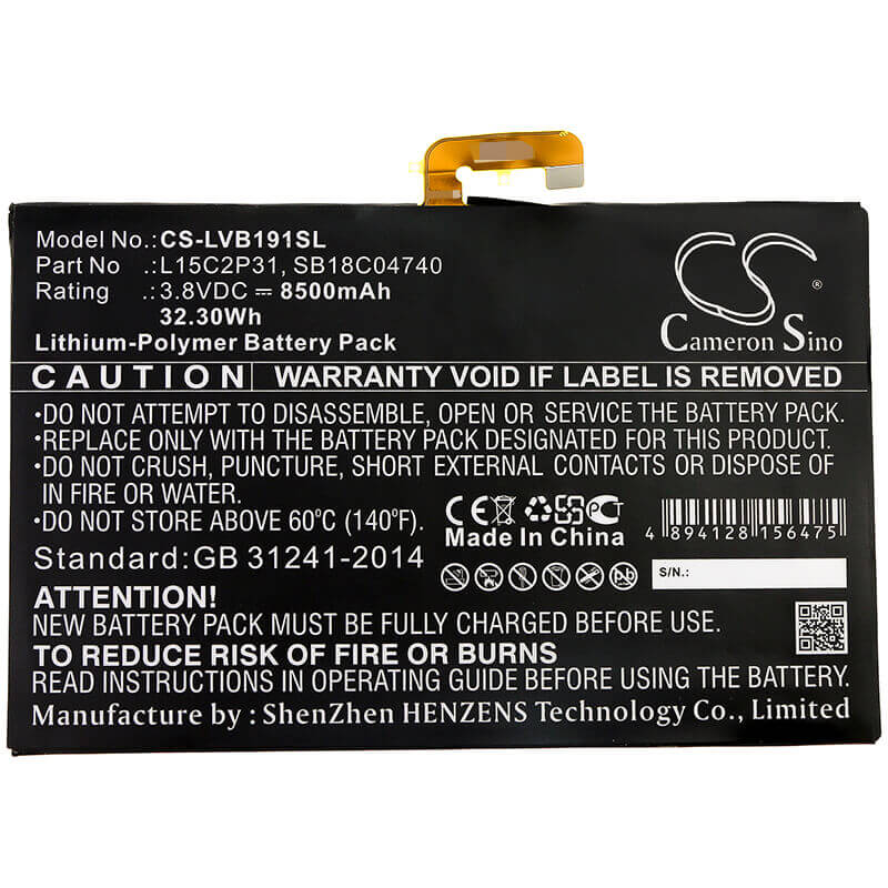 3.8V, Li-Polymer, 8500mAh, Tablet battery fits Lenovo, L15c2p31, Yb1-x90f, Yb1-x90l, 32.30Wh Tablet Cameron Sino Technology Limited