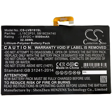 3.8V, Li-Polymer, 8500mAh, Tablet battery fits Lenovo, L15c2p31, Yb1-x90f, Yb1-x90l, 32.30Wh Tablet Cameron Sino Technology Limited