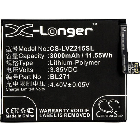 3.85V, Li-Polymer, 3000mAh, SmartPhone battery fits Lenovo, Bl271, Z2151, Zuk Edge, 11.55Wh Mobile, SmartPhone Cameron Sino Technology Limited (Smartphone)