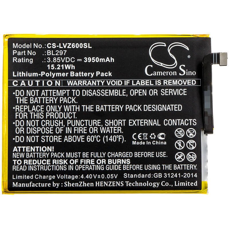 3.85V, Li-Polymer, 3950mAh, SmartPhone battery fits Lenovo, Bl297, Z6 Lite, Z6 Youth, 15.21Wh Mobile, SmartPhone Cameron Sino Technology Limited (Smartphone)