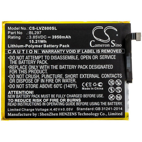 3.85V, Li-Polymer, 3950mAh, SmartPhone battery fits Lenovo, Bl297, Z6 Lite, Z6 Youth, 15.21Wh Mobile, SmartPhone Cameron Sino Technology Limited (Smartphone)