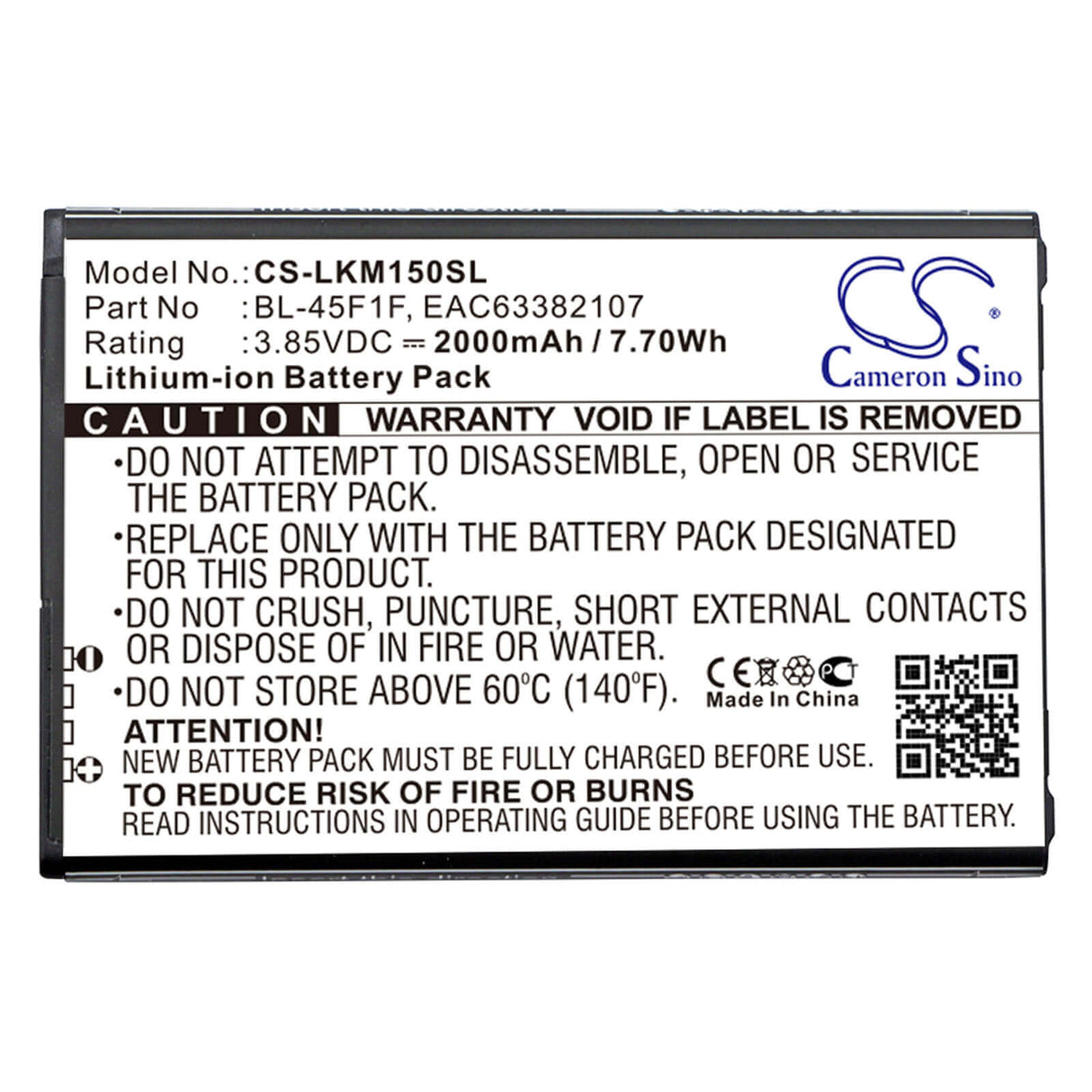 3.85V, Li-ion, 2000mAh, SmartPhone battery fits Lg, Bl-45f1f, Aristo, Aristo 2, 7.7Wh Mobile, SmartPhone Cameron Sino Technology Limited (Smartphone)