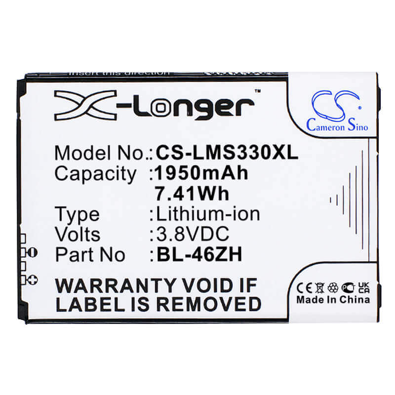 3.8V, Li-ion, 1950mAh, SmartPhone battery fits At&t, Lg, Bl-46zh, Gophone 4g Lte, 7.41Wh Mobile, SmartPhone Cameron Sino Technology Limited (Smartphone)