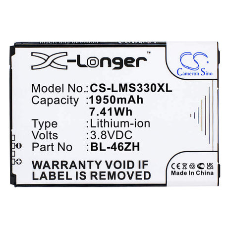 3.8V, Li-ion, 1950mAh, SmartPhone battery fits At&t, Lg, Bl-46zh, Gophone 4g Lte, 7.41Wh Mobile, SmartPhone Cameron Sino Technology Limited (Smartphone)