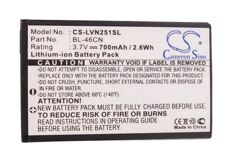3.7V, Li-ion, 700mAh, SmartPhone battery fits Lg, Bl-46cn, A340, Cosmos 2, 2.59Wh Mobile, SmartPhone Cameron Sino Technology Limited (Smartphone)