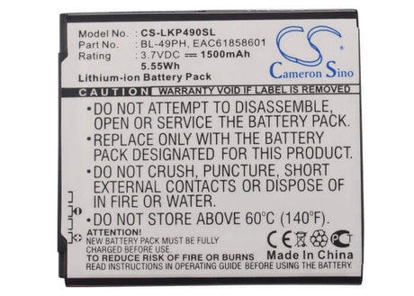 3.7V, Li-ion, 1500mAh, SmartPhone battery fits Lg, Bl-49ph, F120, F120k, 5.55Wh Mobile, SmartPhone Cameron Sino Technology Limited (Suspended)