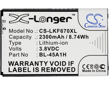 3.8V, Li-ion, 2300mAh, SmartPhone battery fits Lg, Bl-45a1h, F670, F670k, 8.74Wh Mobile, SmartPhone Cameron Sino Technology Limited (Smartphone)