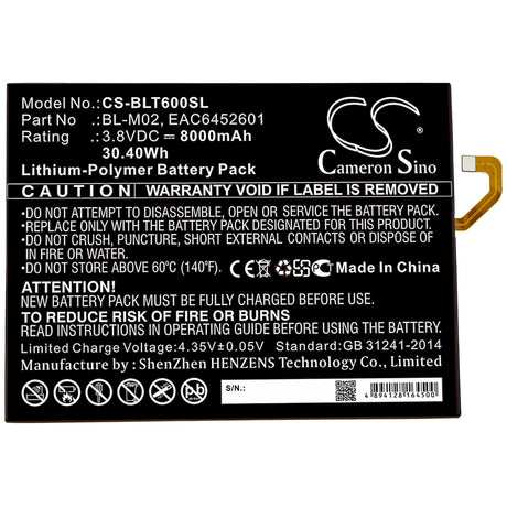 3.8V, Li-Polymer, 8000mAh, Tablet battery fits Lg, Bl-m02, G Pad 5 10.1, G Pad 5 10.1 Fhd, 30.40Wh Tablet Cameron Sino Technology Limited