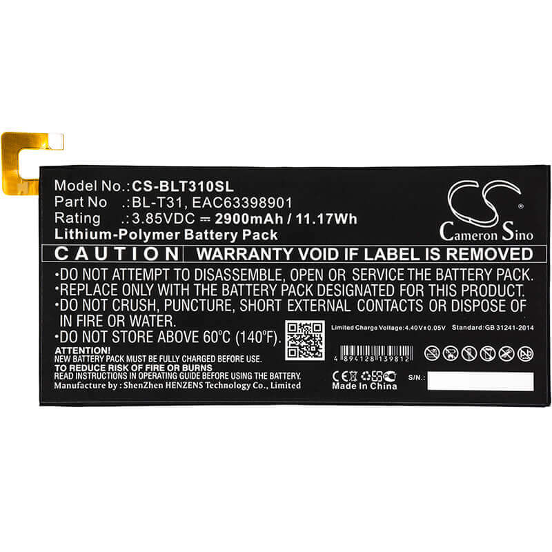 3.85V, Li-Polymer, 2900mAh, Tablet battery fits Lg, Bl-t31, G Pad F2 8.0, G Pad F2 8.0 Lte, 11.17Wh Tablet Cameron Sino Technology Limited
