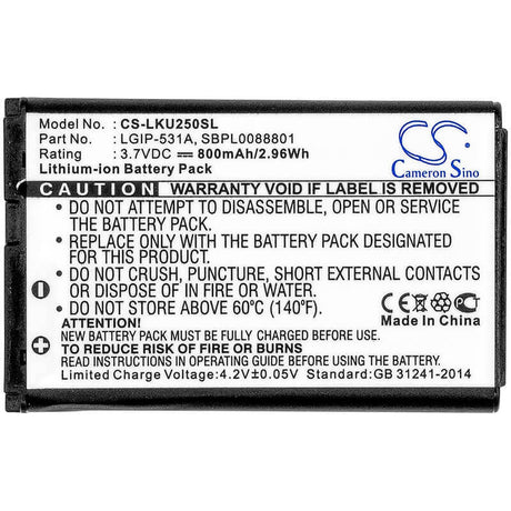 3.7V, Li-ion, 800mAh, SmartPhone battery fits Lg, T-mobile, Lgip-531a, 236c, 237c, 2.96Wh Mobile, SmartPhone Cameron Sino Technology Limited (Smartphone)
