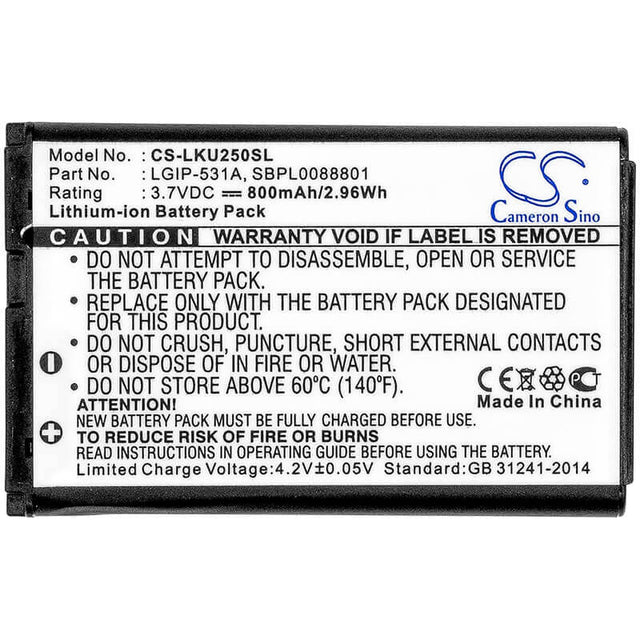 3.7V, Li-ion, 800mAh, SmartPhone battery fits Lg, T-mobile, Lgip-531a, 236c, 237c, 2.96Wh Mobile, SmartPhone Cameron Sino Technology Limited (Smartphone)