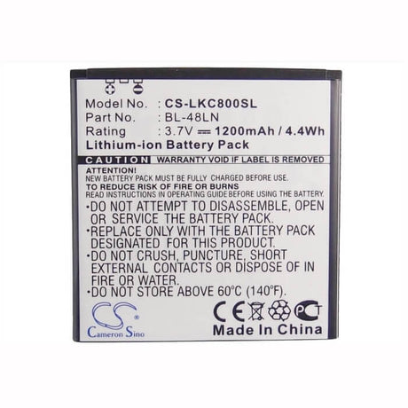 3.7V, Li-ion, 1200mAh, SmartPhone battery fits T-mobile, Lg, Bl-48ln, C800dg, C800g, 4.44Wh Mobile, SmartPhone Cameron Sino Technology Limited (Smartphone)