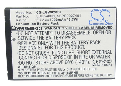 3.7V, Li-ion, 1000mAh, SmartPhone battery fits Lg, Lgip-400n, Etna, Expo Gw820, 3.7Wh Mobile, SmartPhone Cameron Sino Technology Limited (Smartphone)
