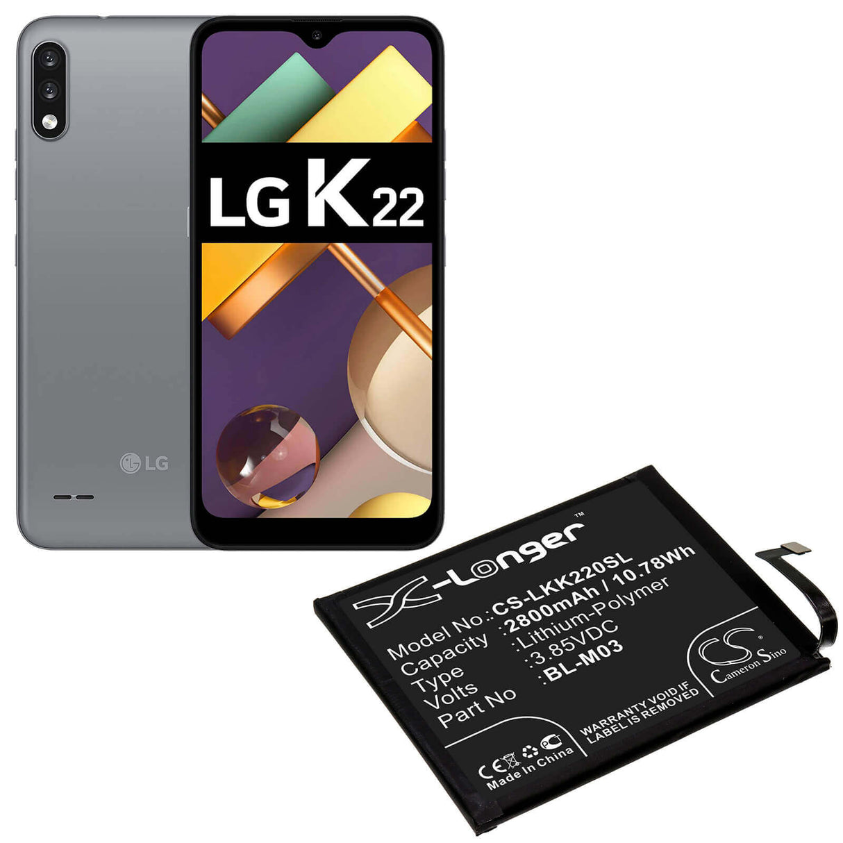 3.85V, Li-Polymer, 2800mAh, SmartPhone battery fits Lg, Bl-m03, K200bmw, K22 2020, 10.78Wh Mobile, SmartPhone Cameron Sino Technology Limited (Smartphone)
