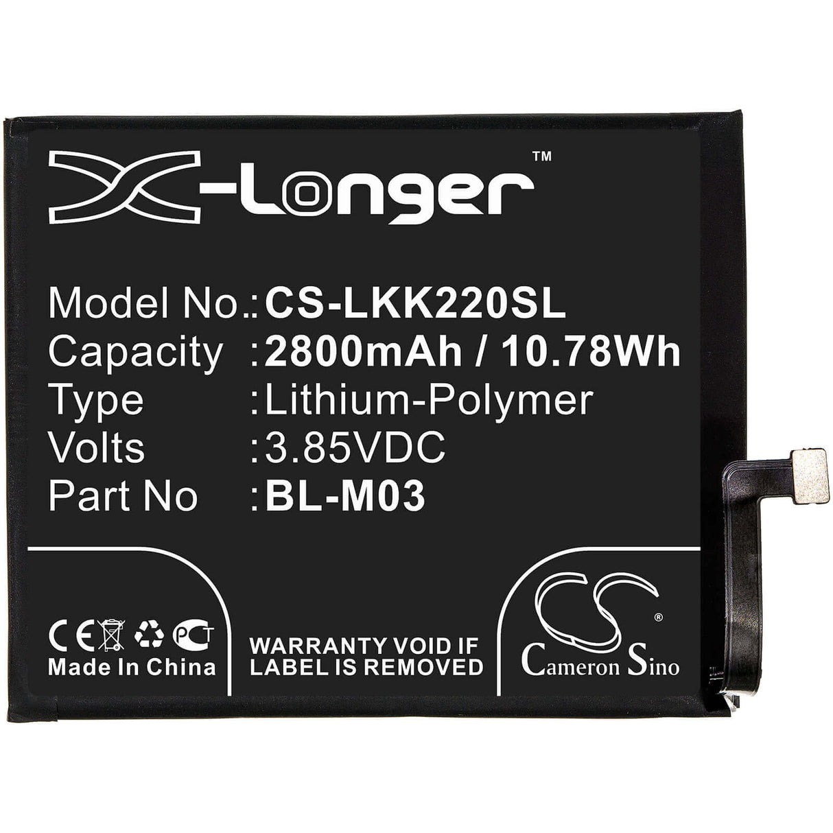 3.85V, Li-Polymer, 2800mAh, SmartPhone battery fits Lg, Bl-m03, K200bmw, K22 2020, 10.78Wh Mobile, SmartPhone Cameron Sino Technology Limited (Smartphone)