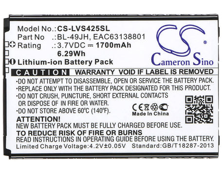 3.7V, Li-ion, 1700mAh, SmartPhone battery fits Lg, Bl-49jh, K100, K120, 6.29Wh Mobile, SmartPhone Cameron Sino Technology Limited (Smartphone)