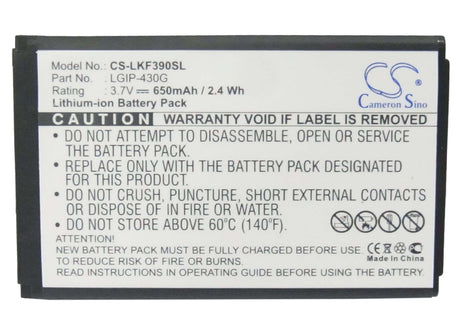 3.7V, Li-ion, 650mAh, SmartPhone battery fits Lg, Lgip-430g, Gu230, Kf390, 2.41Wh Mobile, SmartPhone Cameron Sino Technology Limited (Smartphone)