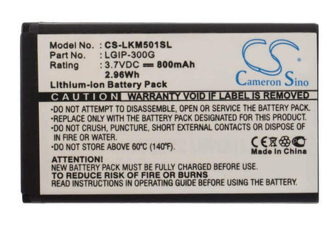 3.7V, Li-ion, 800mAh, SmartPhone battery fits Lg, Lgip-300g, Km501, 2.96Wh Mobile, SmartPhone Cameron Sino Technology Limited (Suspended)