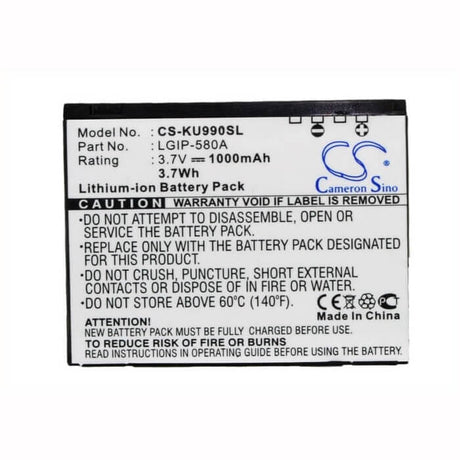 3.7V, Li-ion, 1000mAh, SmartPhone battery fits Lg, Lgip-580a, Cu915, Cu915vu, 3.7Wh Mobile, SmartPhone Cameron Sino Technology Limited (Suspended)