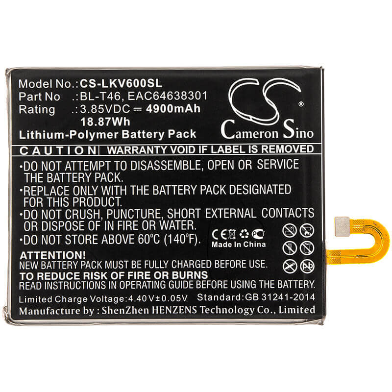 3.85V, Li-Polymer, 4900mAh, SmartPhone battery fits Lg, Bl-t46, Lmv600am, Lmv600qm, 18.87Wh Mobile, SmartPhone Cameron Sino Technology Limited (Smartphone)