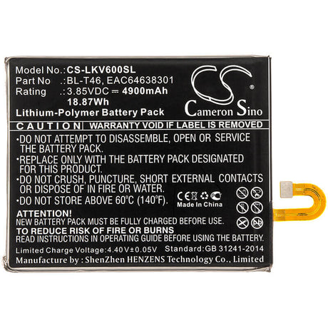 3.85V, Li-Polymer, 4900mAh, SmartPhone battery fits Lg, Bl-t46, Lmv600am, Lmv600qm, 18.87Wh Mobile, SmartPhone Cameron Sino Technology Limited (Smartphone)