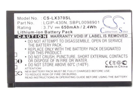 3.7V, Li-ion, 650mAh, SmartPhone battery fits Lg, Lgip-430n, 990g, C320, 2.41Wh Mobile, SmartPhone Cameron Sino Technology Limited (Smartphone)