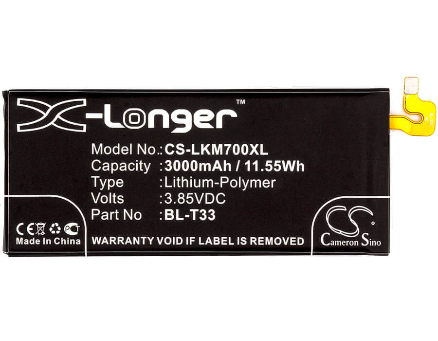 3.85V, Li-Polymer, 3000mAh, SmartPhone battery fits Lg, Bl-t33, M700a, M700an, 11.55Wh Mobile, SmartPhone Cameron Sino Technology Limited (Smartphone)