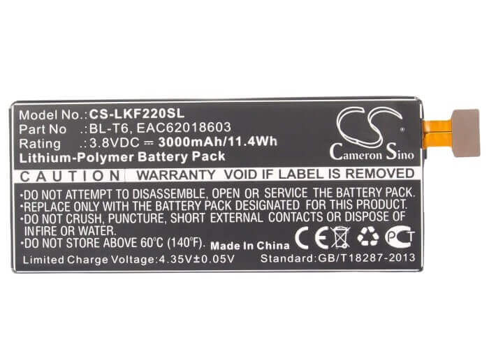 3.8V, Li-Polymer, 3000mAh, SmartPhone battery fits Lg, Bl-t6, F220, F220k, 11.4Wh Mobile, SmartPhone Cameron Sino Technology Limited (Smartphone)