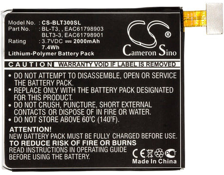 3.7V, Li-Polymer, 2000mAh, Tablet battery fits Lg, Bl-t3, F100, F100k, 7.4Wh Tablet Cameron Sino Technology Limited