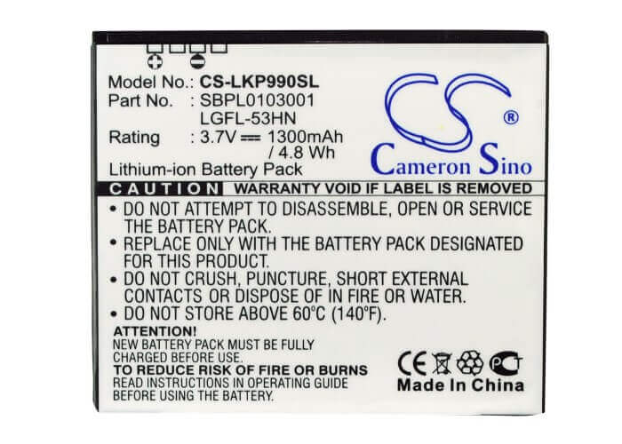 3.7V, Li-ion, 1300mAh, PDA battery fits Lg, Fl-53hn, C729, Doubleplay, 4.81Wh PDA, Pocket PC Cameron Sino Technology Limited (Suspended)