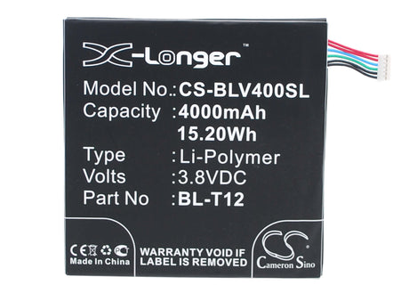3.8V, Li-Polymer, 4000mAh, Tablet battery fits Lg, Bl-t12, Pad 7.0, V400, 15.20Wh Tablet Cameron Sino Technology Limited