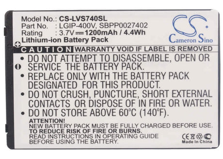 3.7V, Li-ion, 1200mAh, SmartPhone battery fits Verizon, Lgip-400v, Ally Vs740, Ally Vs750, 4.44Wh Mobile, SmartPhone Cameron Sino Technology Limited (Suspended)