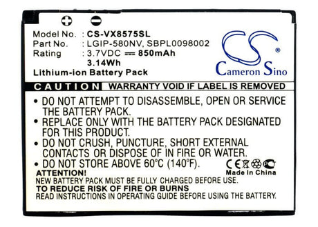 3.7V, Li-ion, 850mAh, SmartPhone battery fits Lg, Lgip-580nv, Chocolate Touch, Touch Ax8575, 3.15Wh Mobile, SmartPhone Cameron Sino Technology Limited (Suspended)