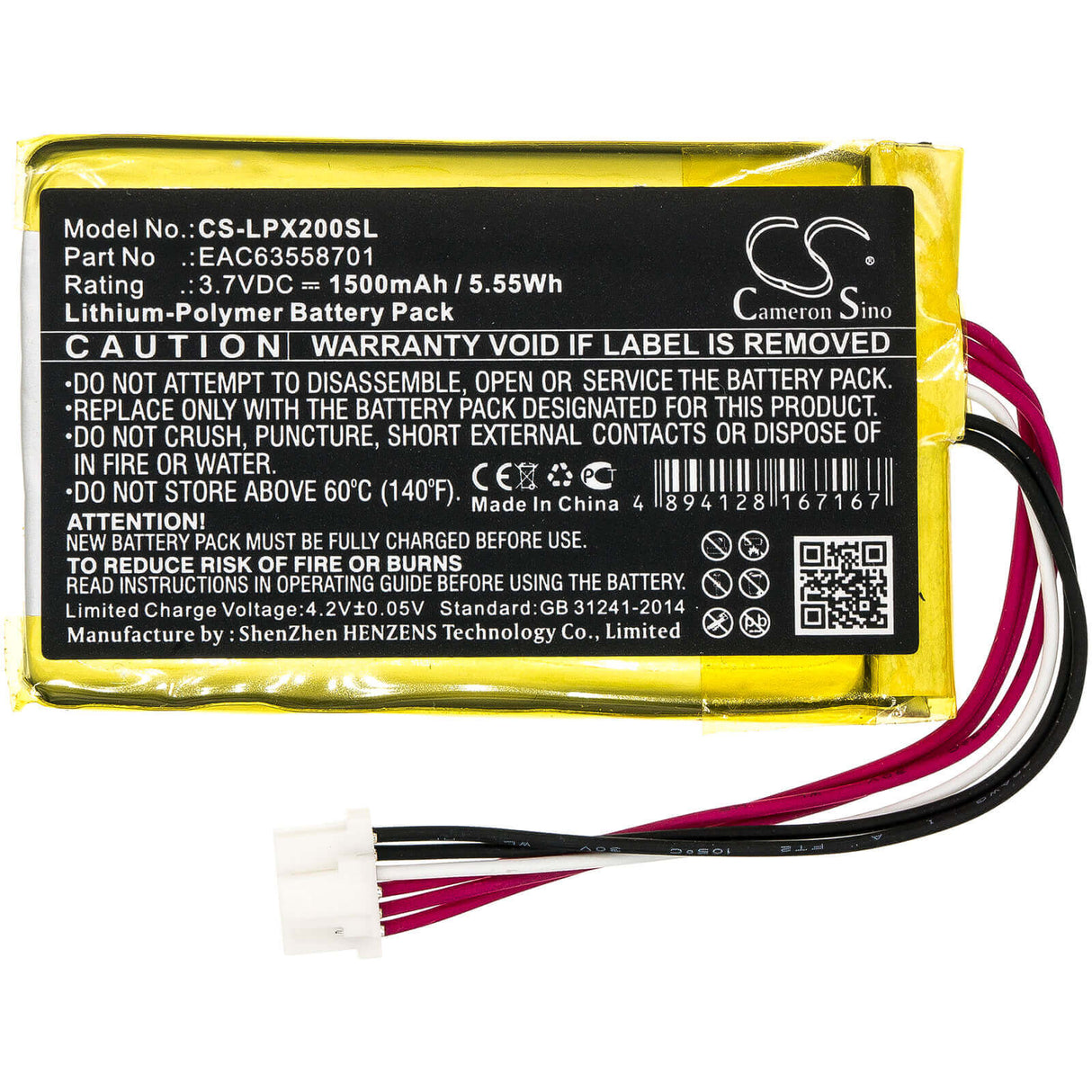 3.7V, Li-Polymer, 1500mAh, Speaker battery fits Lg, Pj3, Pj3.deusllk, 5.55Wh Speaker Cameron Sino Technology Limited