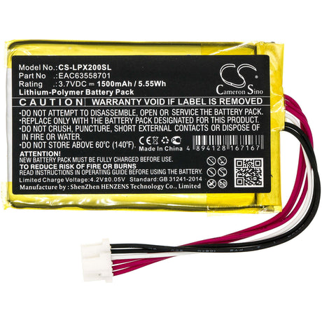 3.7V, Li-Polymer, 1500mAh, Speaker battery fits Lg, Pj3, Pj3.deusllk, 5.55Wh Speaker Cameron Sino Technology Limited