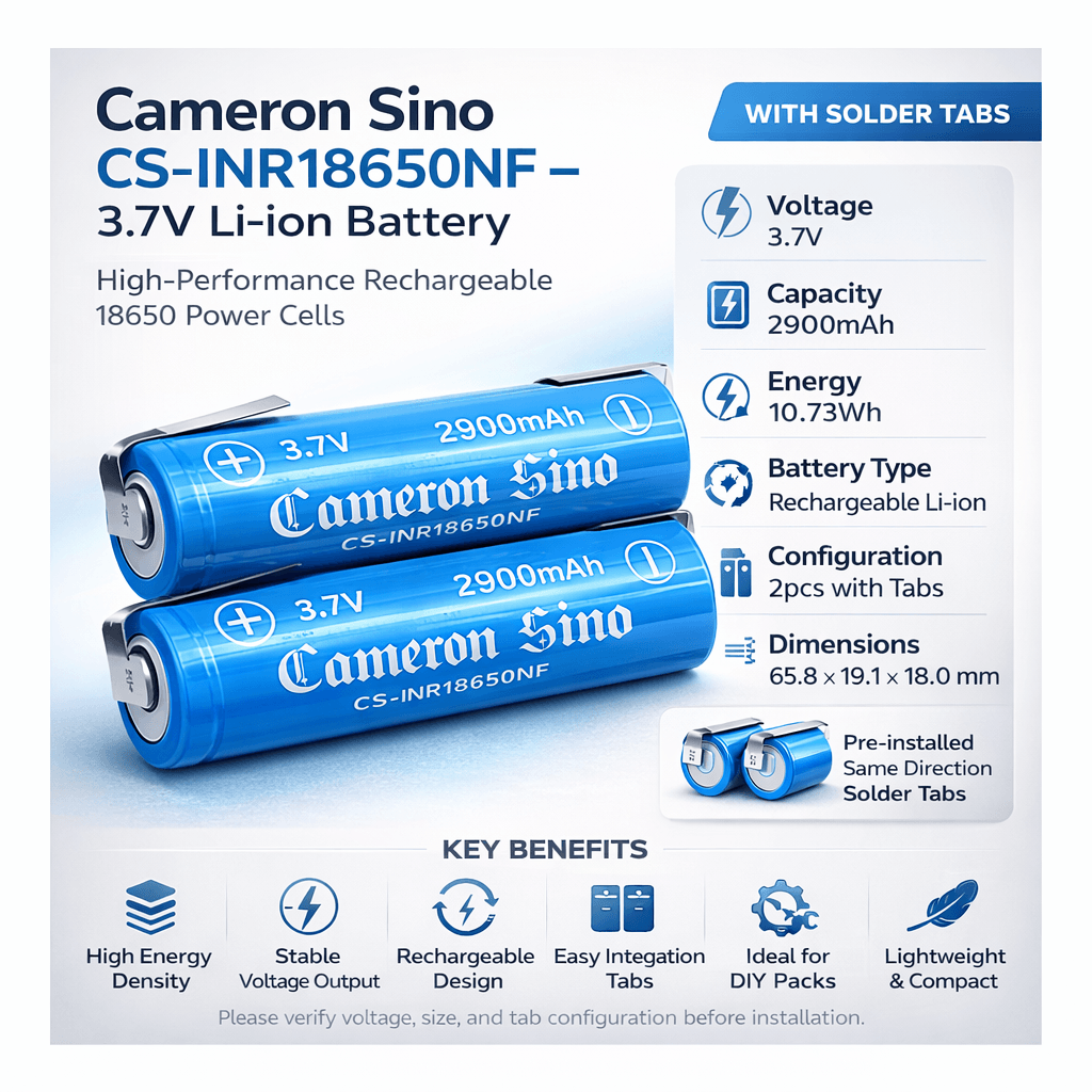 18650 Lithium Ion battery, 2pcs same direction tabs, 3.7v, 2900mah - 10.73wh 18650 Cameron Sino Technology Limited