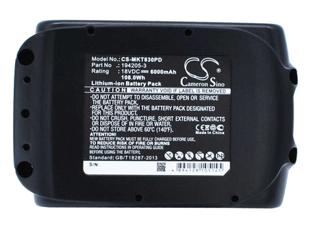 18.0V, Li-ion, 6000mAh, Power Tools battery fits Makita, (V2), 194065-3, Bbo140, Bbo180, 108Wh Power Tools Cameron Sino Technology Limited (Dangerous Goods)