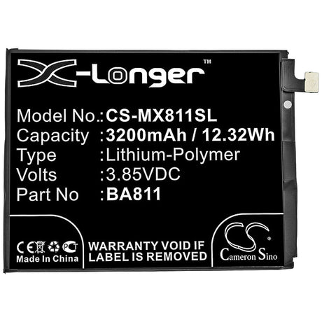 3.85V, Li-Polymer, 3200mAh, SmartPhone battery fits Meilan, Meizu, Ba811, 6t, 12.32Wh Mobile, SmartPhone Cameron Sino Technology Limited (Smartphone)