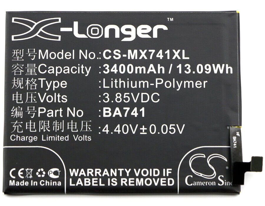 3.85V, Li-Polymer, 3400mAh, SmartPhone battery fits Meizu, Meilan, Ba741, E2, 13.09Wh Mobile, SmartPhone Cameron Sino Technology Limited (Smartphone)