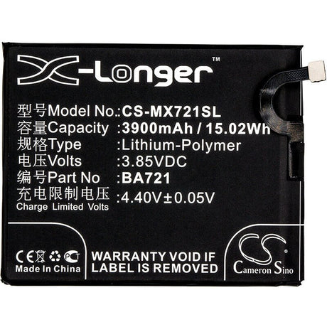 3.85V, Li-Polymer, 3900mAh, SmartPhone battery fits Meilan, Meizu, Ba721, M5 Note, M5 Note Global Dualsim, 15.02Wh Mobile, SmartPhone Cameron Sino Technology Limited (Smartphone)