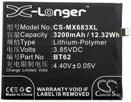 3.85V, Li-Polymer, 3200mAh, SmartPhone battery fits Meilan, X, 12.32Wh Mobile, SmartPhone Cameron Sino Technology Limited (Suspended)