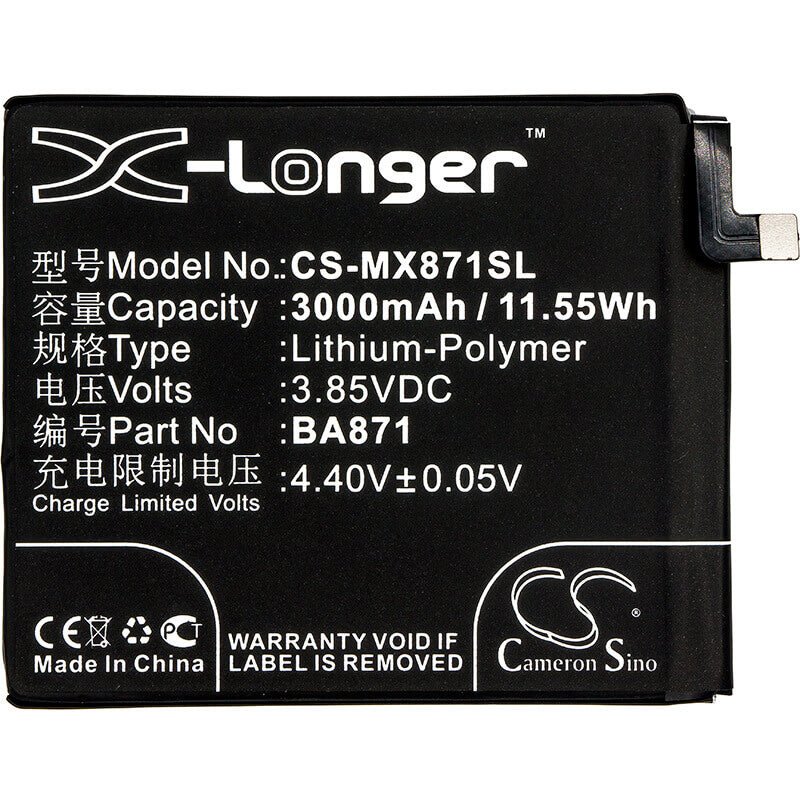 3.85V, Li-Polymer, 3000mAh, SmartPhone battery fits Meizu, Ba871, 15 Lite, M15, 11.55Wh Mobile, SmartPhone Cameron Sino Technology Limited (Smartphone)