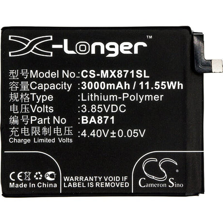 3.85V, Li-Polymer, 3000mAh, SmartPhone battery fits Meizu, Ba871, 15 Lite, M15, 11.55Wh Mobile, SmartPhone Cameron Sino Technology Limited (Smartphone)