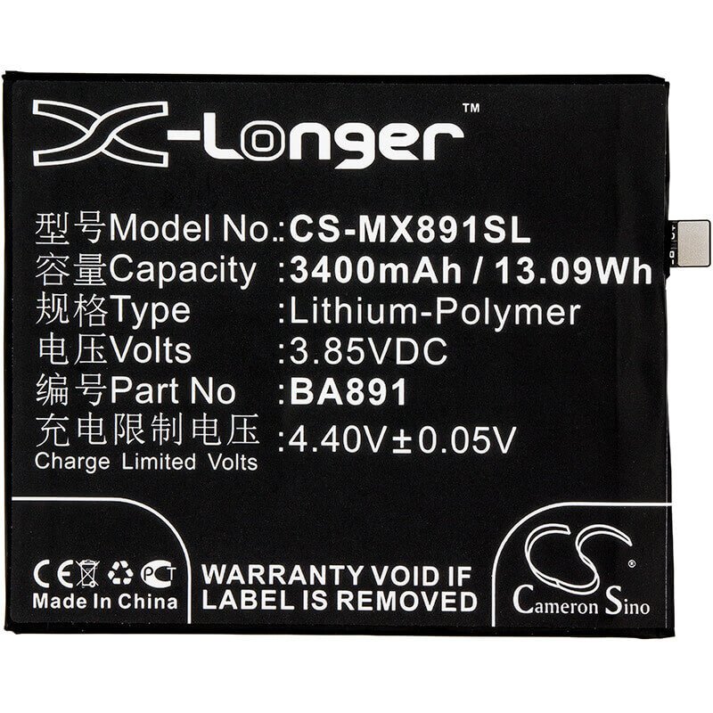 3.85V, Li-Polymer, 3400mAh, SmartPhone battery fits Meizu, Ba891, 15 Plus, 15 Plus Dual Sim, 13.09Wh Mobile, SmartPhone Cameron Sino Technology Limited (Smartphone)