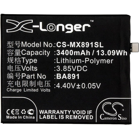 3.85V, Li-Polymer, 3400mAh, SmartPhone battery fits Meizu, Ba891, 15 Plus, 15 Plus Dual Sim, 13.09Wh Mobile, SmartPhone Cameron Sino Technology Limited (Smartphone)