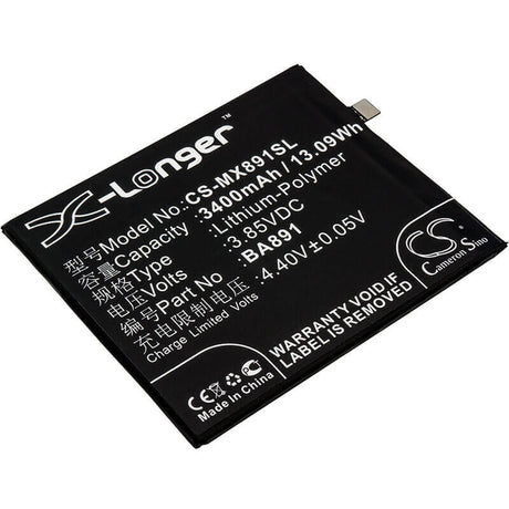 3.85V, Li-Polymer, 3400mAh, SmartPhone battery fits Meizu, Ba891, 15 Plus, 15 Plus Dual Sim, 13.09Wh Mobile, SmartPhone Cameron Sino Technology Limited (Smartphone)