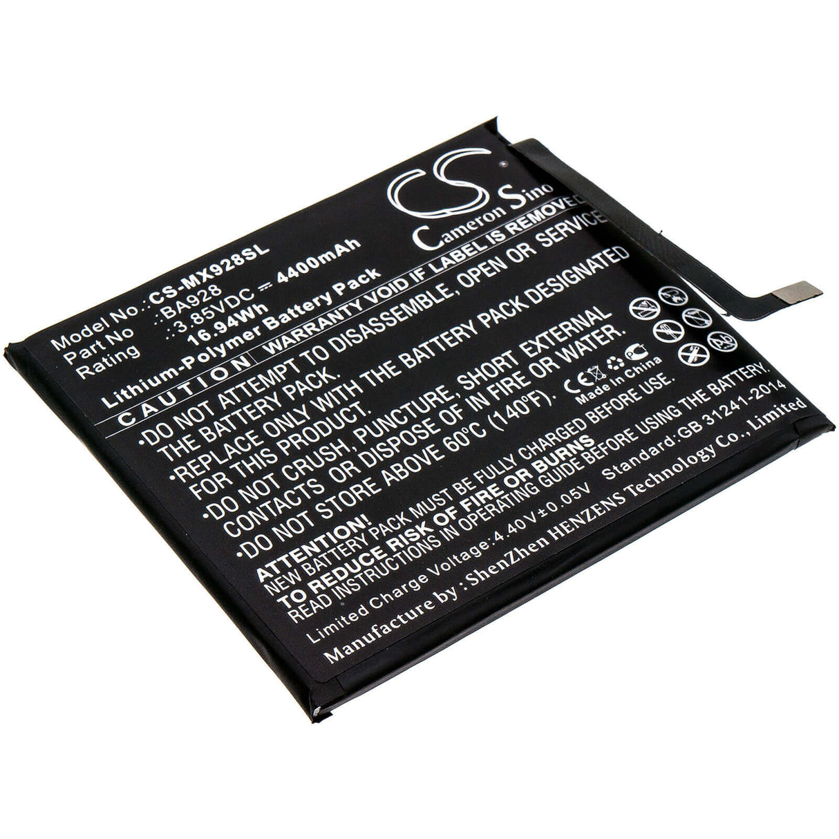 3.85V, Li-Polymer, 4400mAh, SmartPhone battery fits Meizu, Ba928, 16t, M1928, 16.94Wh Mobile, SmartPhone Cameron Sino Technology Limited (Smartphone)