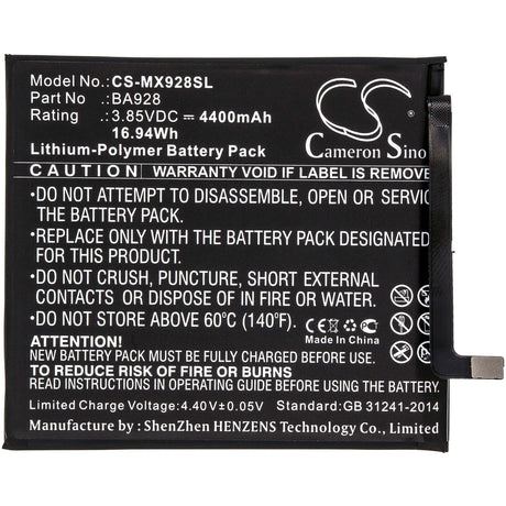 3.85V, Li-Polymer, 4400mAh, SmartPhone battery fits Meizu, Ba928, 16t, M1928, 16.94Wh Mobile, SmartPhone Cameron Sino Technology Limited (Smartphone)