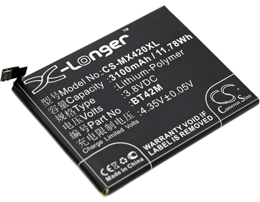 3.8V, Li-Polymer, 3100mAh, SmartPhone battery fits Meizu, Bt42m, Blue Charm Metal, M1 Metal, 11.78Wh Mobile, SmartPhone Cameron Sino Technology Limited (Suspended)